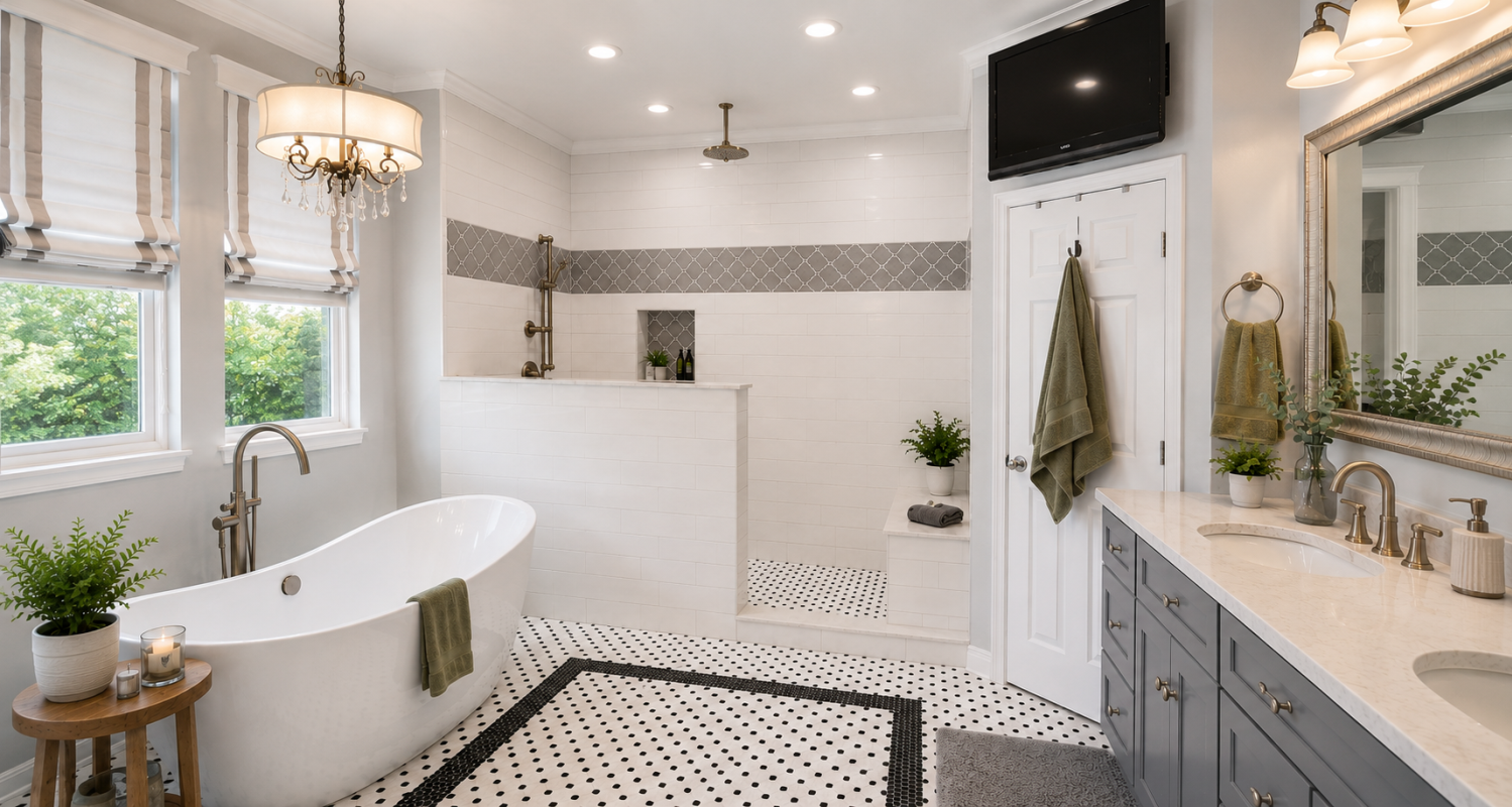 Luxury bathroom remodeling project featuring a freestanding soaking tub, custom gray vanity cabinets, quartz countertops, walk-in shower, decorative lighting, and modern tile flooring.