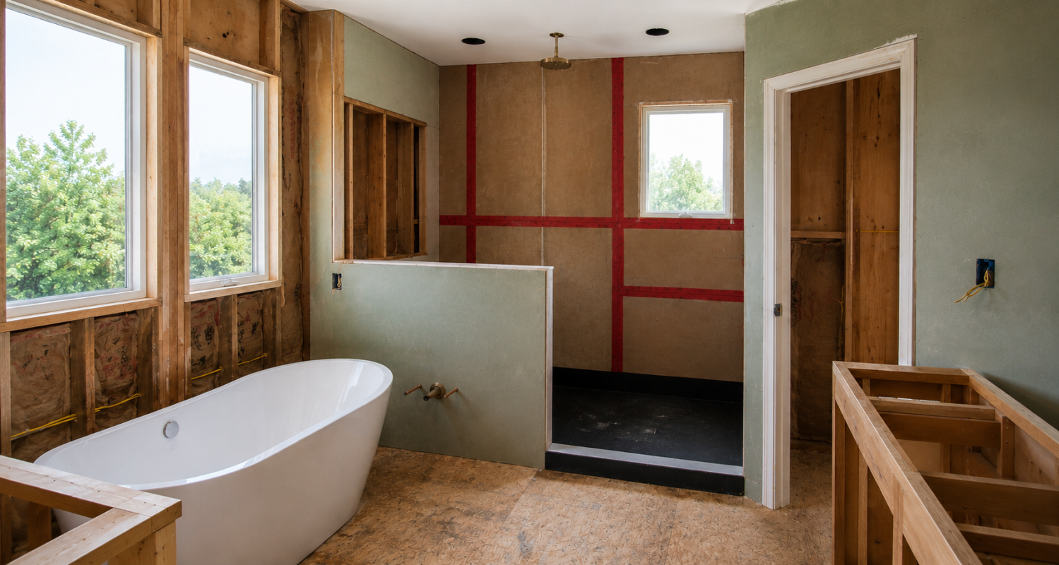 Bathroom remodeling project during construction featuring exposed framing, waterproof shower preparation, unfinished walls, and freestanding bathtub installation.