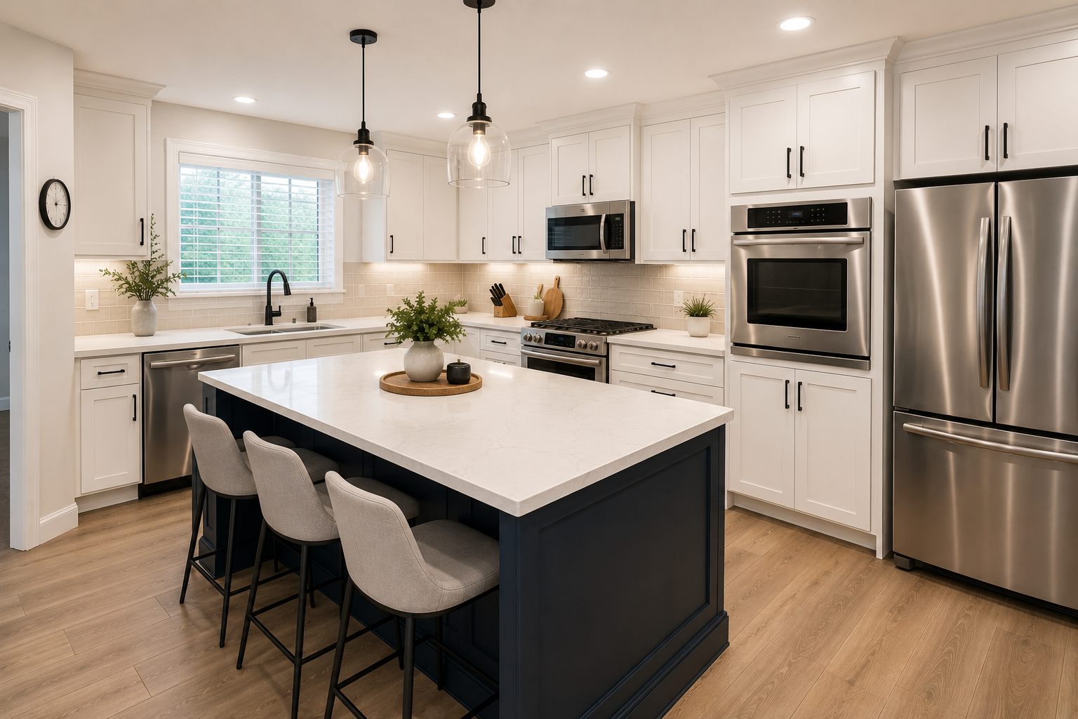 Completed kitchen remodeling project in Riverside featuring white shaker cabinets, quartz countertops, luxury flooring, and open-concept design.