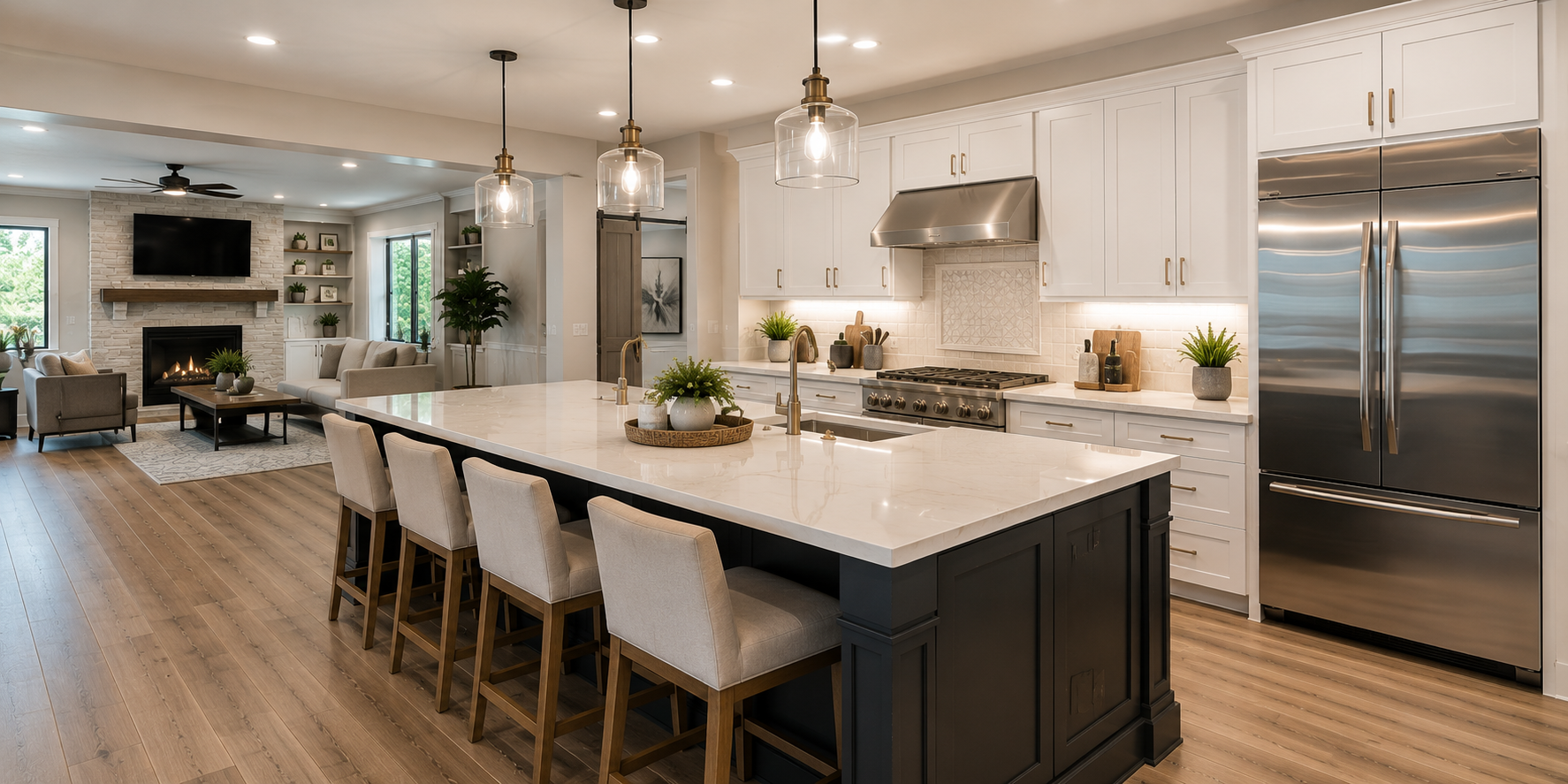 Completed kitchen remodeling project in Riverside featuring white shaker cabinets, quartz countertops, luxury flooring, and open-concept design.