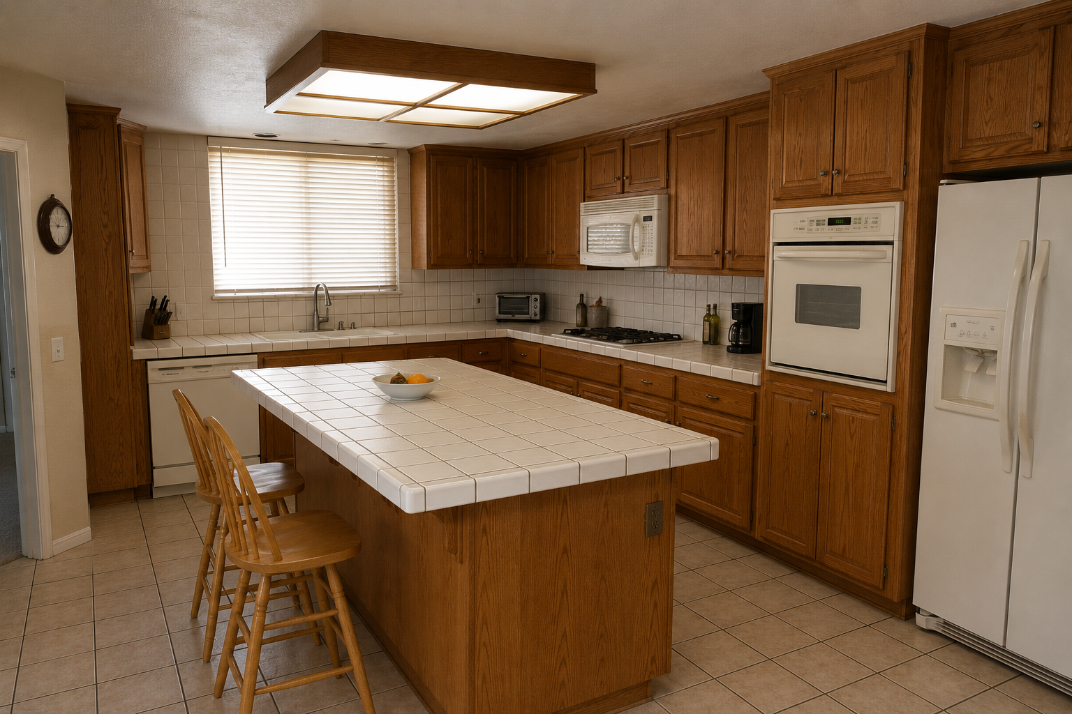 Completed kitchen remodeling project in Riverside featuring white shaker cabinets, quartz countertops, luxury flooring, and open-concept design.
