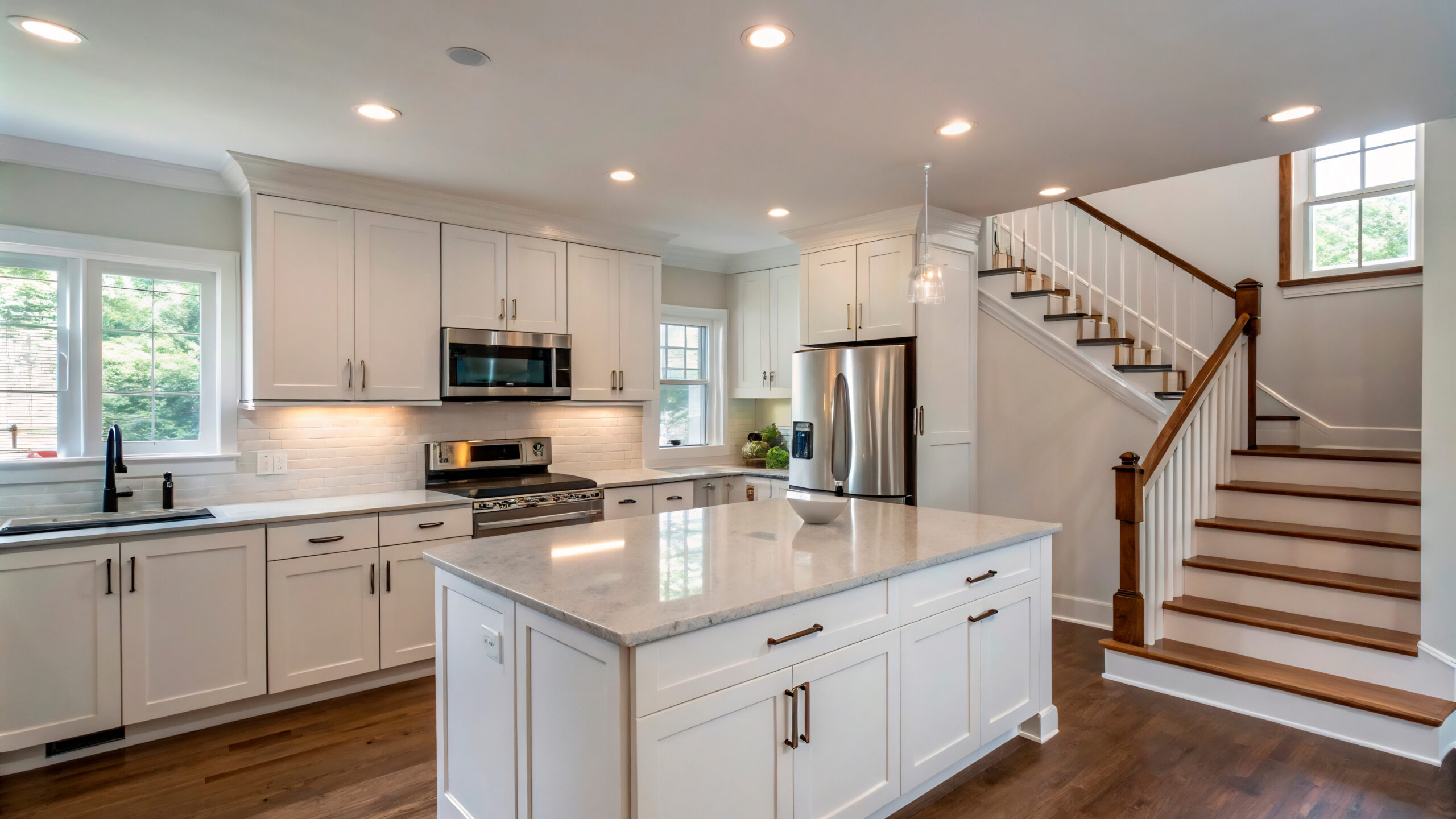 Modern kitchen remodeling project featuring white shaker cabinets, quartz countertops, stainless steel appliances, hardwood flooring, and a bright open-concept layout with staircase.