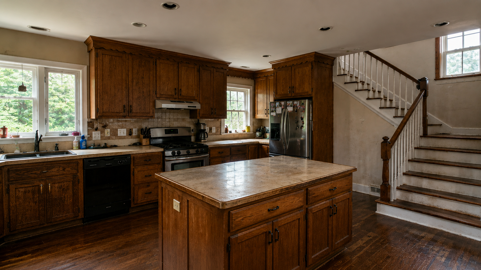 Before kitchen remodeling photo featuring dark oak cabinets, worn countertops, outdated staircase railings, and dim lighting in a traditional home interior.